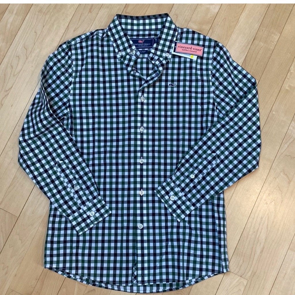 Vineyard Vines New Boys Navy & Green Check Whale Shirt